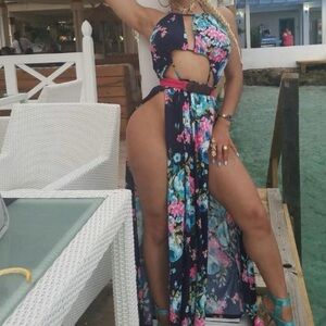 Tropical Floral Cutout Maxi Dress - Navy & Bright Floral